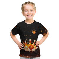 Flaming Bowling Ball Design Kid T Shirt with Strike Pins and Glowing Fire Sparks on Dark Background - Wonder Print Shop