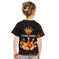 Flaming Bowling Ball Design Kid T Shirt with Strike Pins and Glowing Fire Sparks on Dark Background - Wonder Print Shop