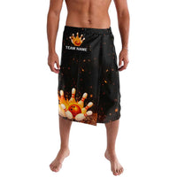 Flaming Bowling Ball Design Lavalava with Strike Pins and Glowing Fire Sparks on Dark Background - Wonder Print Shop