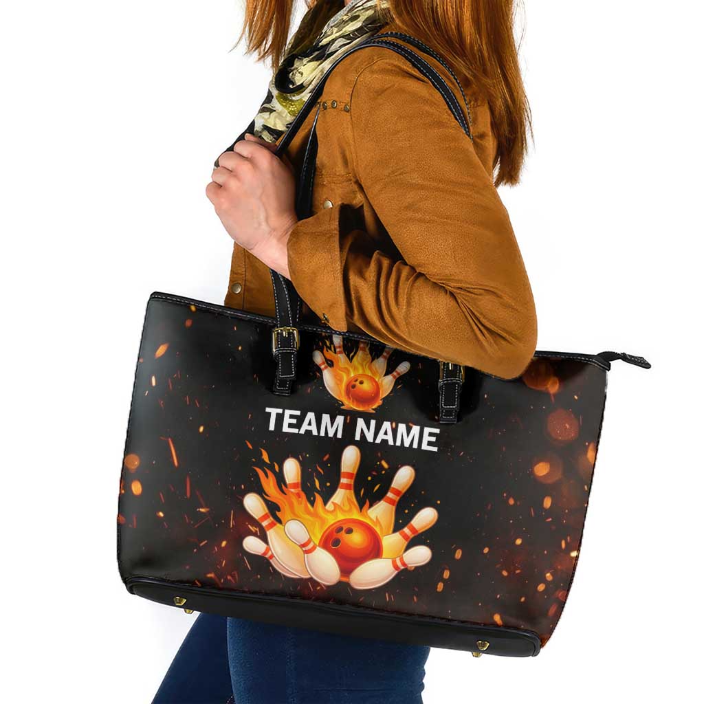 Flaming Bowling Ball Design Leather Tote Bag with Strike Pins and Glowing Fire Sparks on Dark Background - Wonder Print Shop