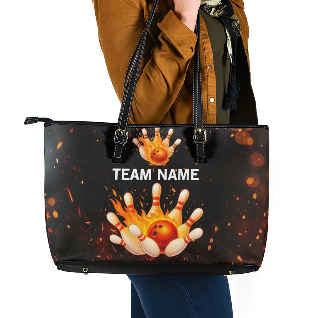 Flaming Bowling Ball Design Leather Tote Bag with Strike Pins and Glowing Fire Sparks on Dark Background - Wonder Print Shop
