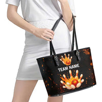 Flaming Bowling Ball Design Leather Tote Bag with Strike Pins and Glowing Fire Sparks on Dark Background - Wonder Print Shop