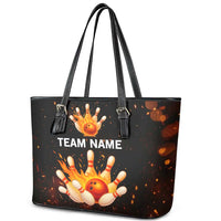 Flaming Bowling Ball Design Leather Tote Bag with Strike Pins and Glowing Fire Sparks on Dark Background - Wonder Print Shop
