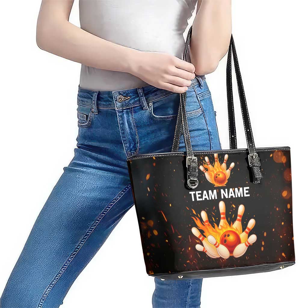 Flaming Bowling Ball Design Leather Tote Bag with Strike Pins and Glowing Fire Sparks on Dark Background - Wonder Print Shop