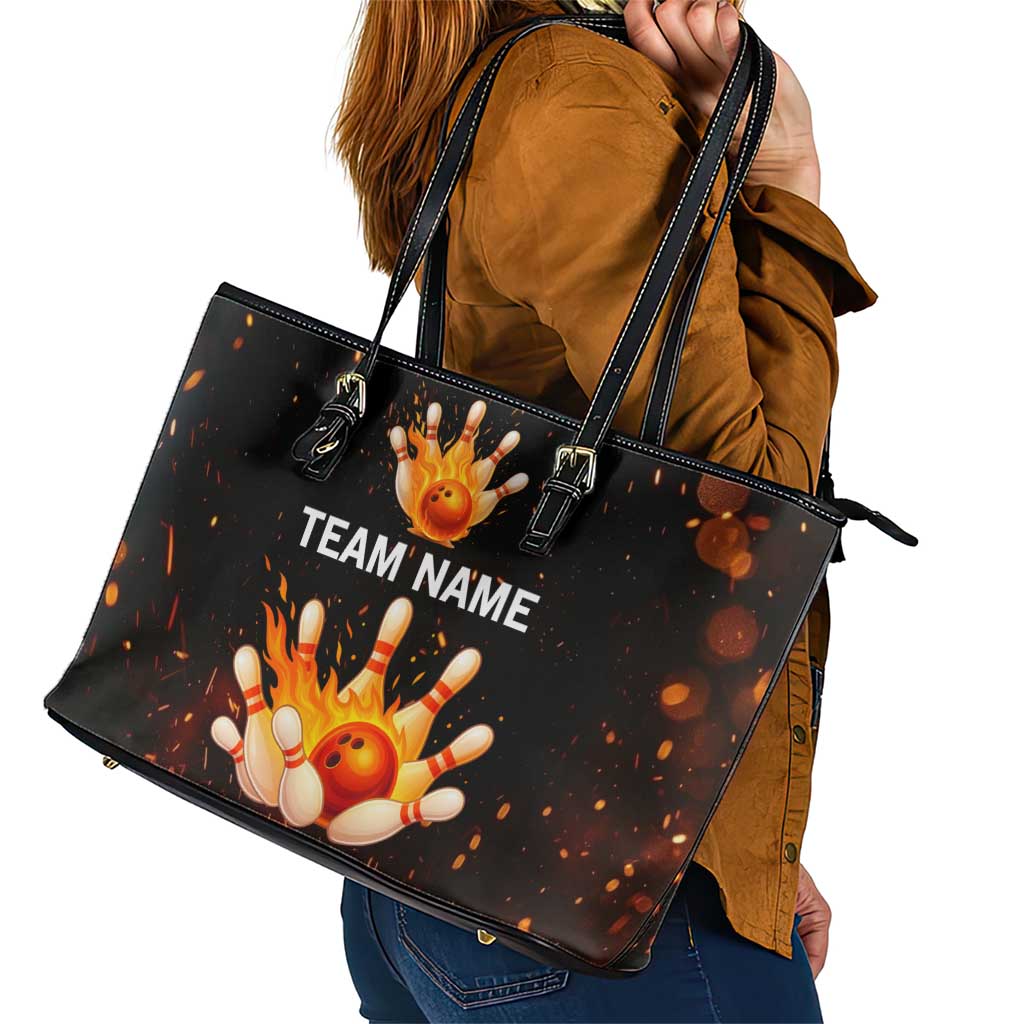 Flaming Bowling Ball Design Leather Tote Bag with Strike Pins and Glowing Fire Sparks on Dark Background - Wonder Print Shop