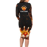 Flaming Bowling Ball Design Long Sleeve Bodycon Dress with Strike Pins and Glowing Fire Sparks on Dark Background - Wonder Print Shop