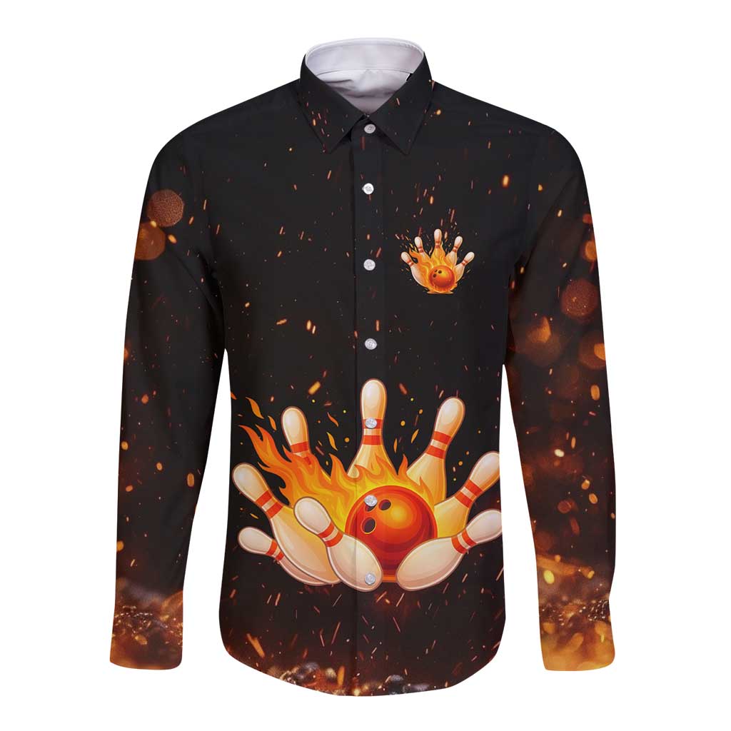 Flaming Bowling Ball Design Long Sleeve Button Shirt with Strike Pins and Glowing Fire Sparks on Dark Background - Wonder Print Shop