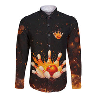 Flaming Bowling Ball Design Long Sleeve Button Shirt with Strike Pins and Glowing Fire Sparks on Dark Background - Wonder Print Shop
