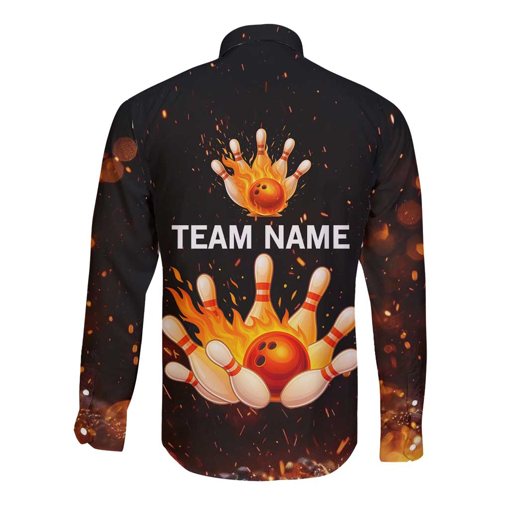 Flaming Bowling Ball Design Long Sleeve Button Shirt with Strike Pins and Glowing Fire Sparks on Dark Background - Wonder Print Shop