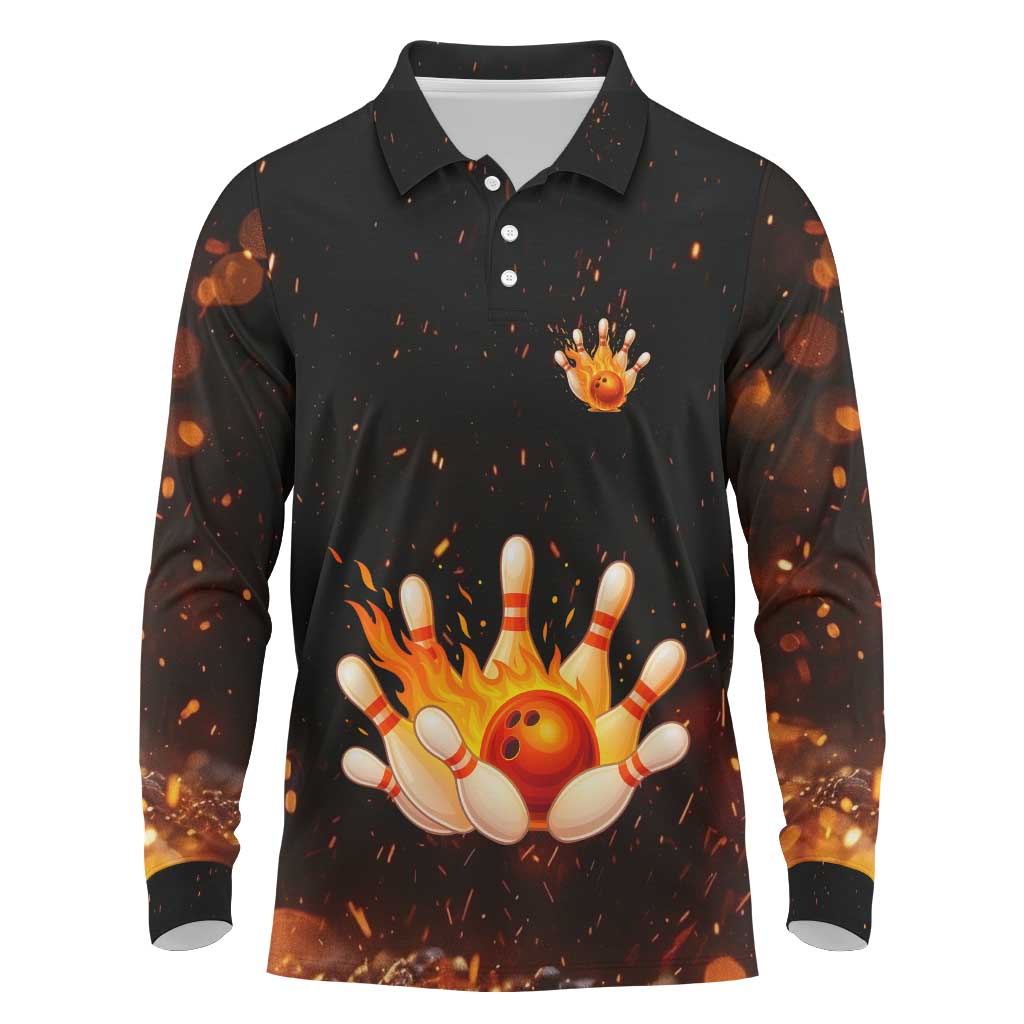 Flaming Bowling Ball Design Long Sleeve Polo Shirt with Strike Pins and Glowing Fire Sparks on Dark Background - Wonder Print Shop
