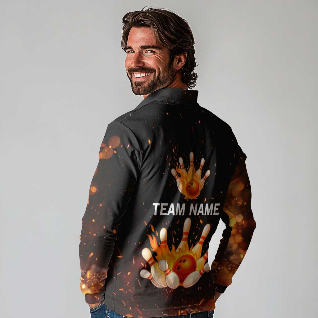 Flaming Bowling Ball Design Long Sleeve Polo Shirt with Strike Pins and Glowing Fire Sparks on Dark Background - Wonder Print Shop