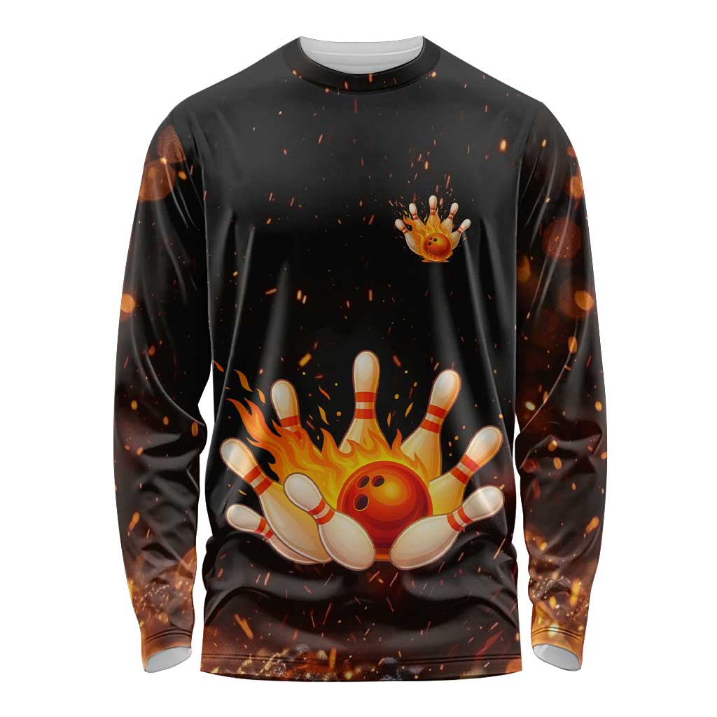 Flaming Bowling Ball Design Long Sleeve Shirt with Strike Pins and Glowing Fire Sparks on Dark Background - Wonder Print Shop