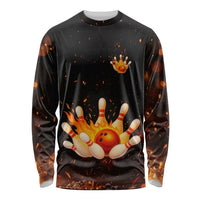Flaming Bowling Ball Design Long Sleeve Shirt with Strike Pins and Glowing Fire Sparks on Dark Background - Wonder Print Shop