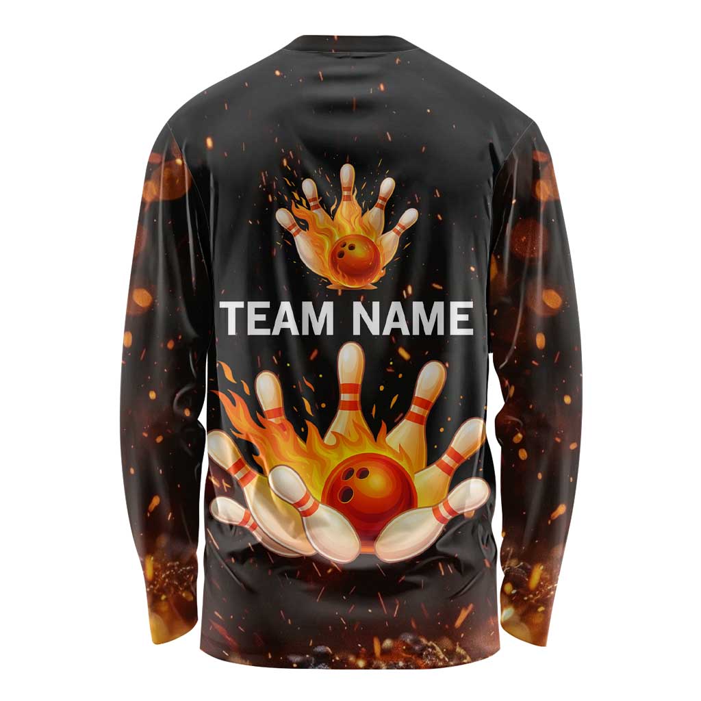 Flaming Bowling Ball Design Long Sleeve Shirt with Strike Pins and Glowing Fire Sparks on Dark Background - Wonder Print Shop