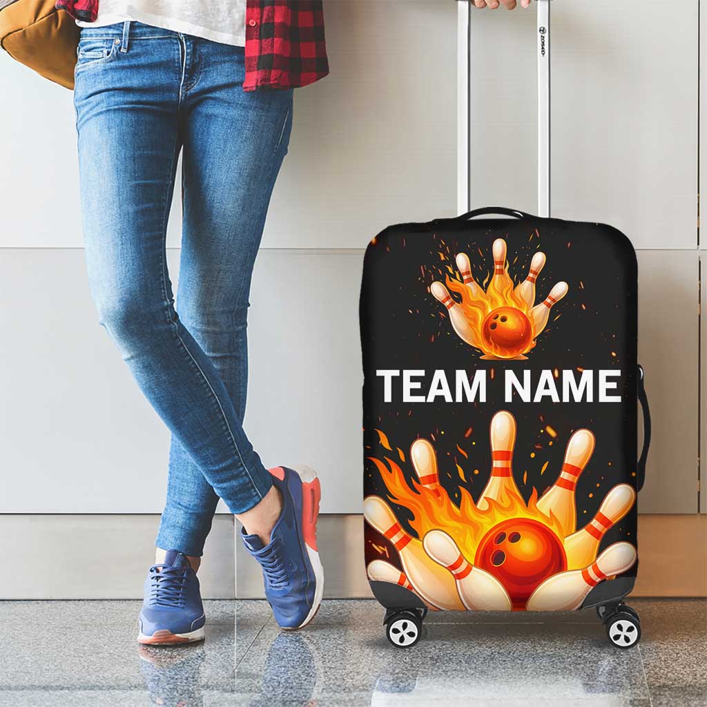 Flaming Bowling Ball Design Luggage Cover with Strike Pins and Glowing Fire Sparks on Dark Background - Wonder Print Shop