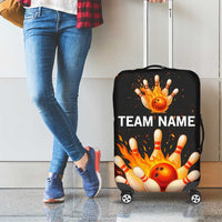 Flaming Bowling Ball Design Luggage Cover with Strike Pins and Glowing Fire Sparks on Dark Background - Wonder Print Shop