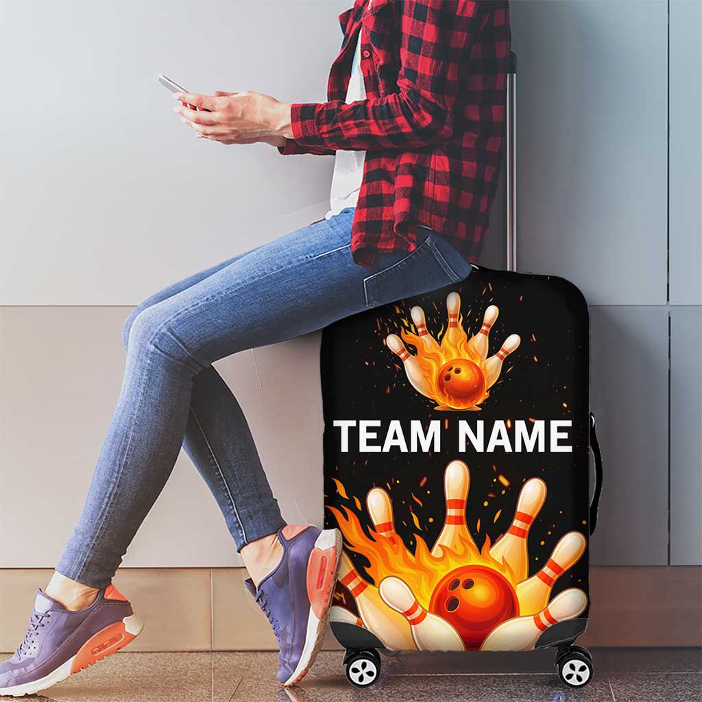 Flaming Bowling Ball Design Luggage Cover with Strike Pins and Glowing Fire Sparks on Dark Background - Wonder Print Shop