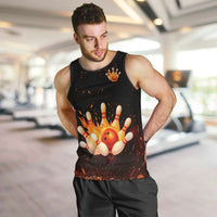 Flaming Bowling Ball Design Men Tank Top with Strike Pins and Glowing Fire Sparks on Dark Background - Wonder Print Shop