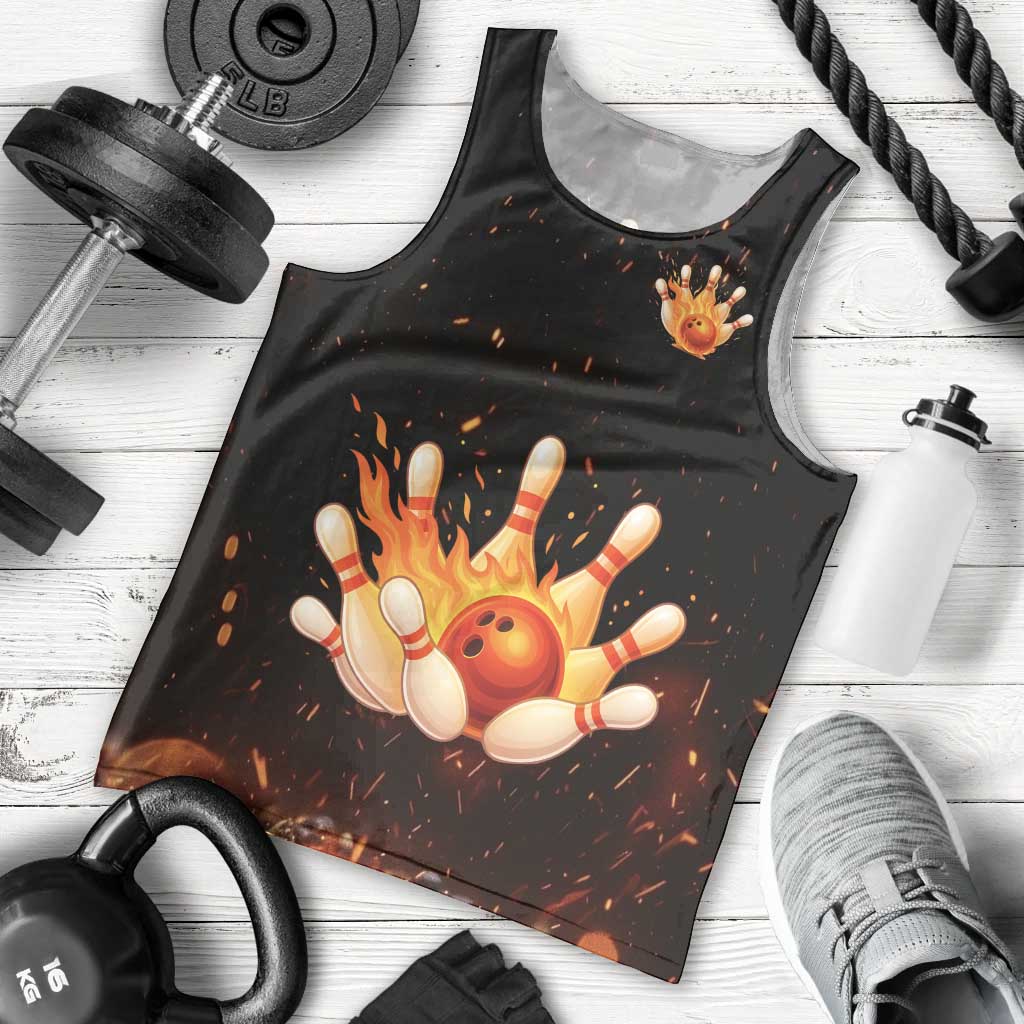 Flaming Bowling Ball Design Men Tank Top with Strike Pins and Glowing Fire Sparks on Dark Background - Wonder Print Shop