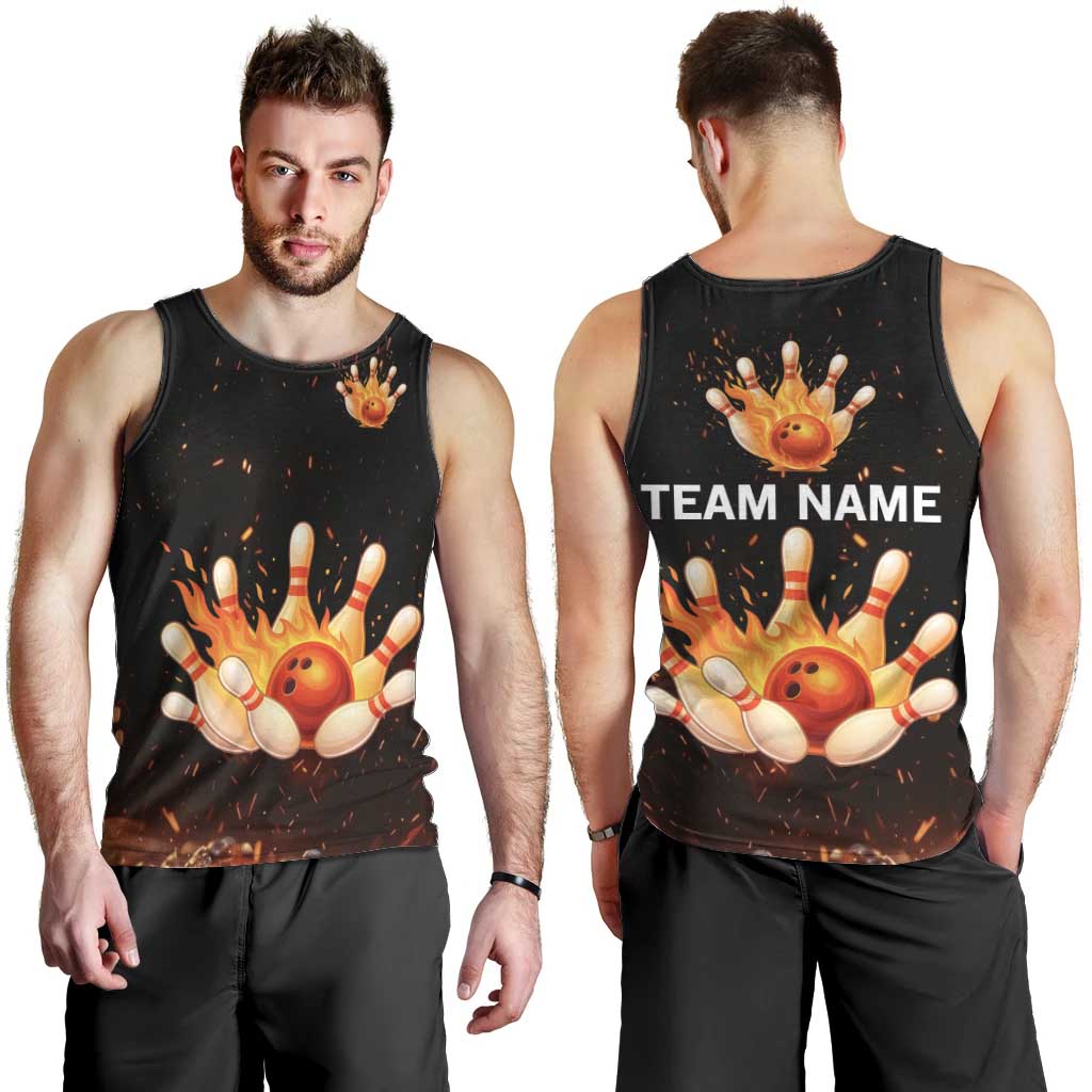 Flaming Bowling Ball Design Men Tank Top with Strike Pins and Glowing Fire Sparks on Dark Background - Wonder Print Shop