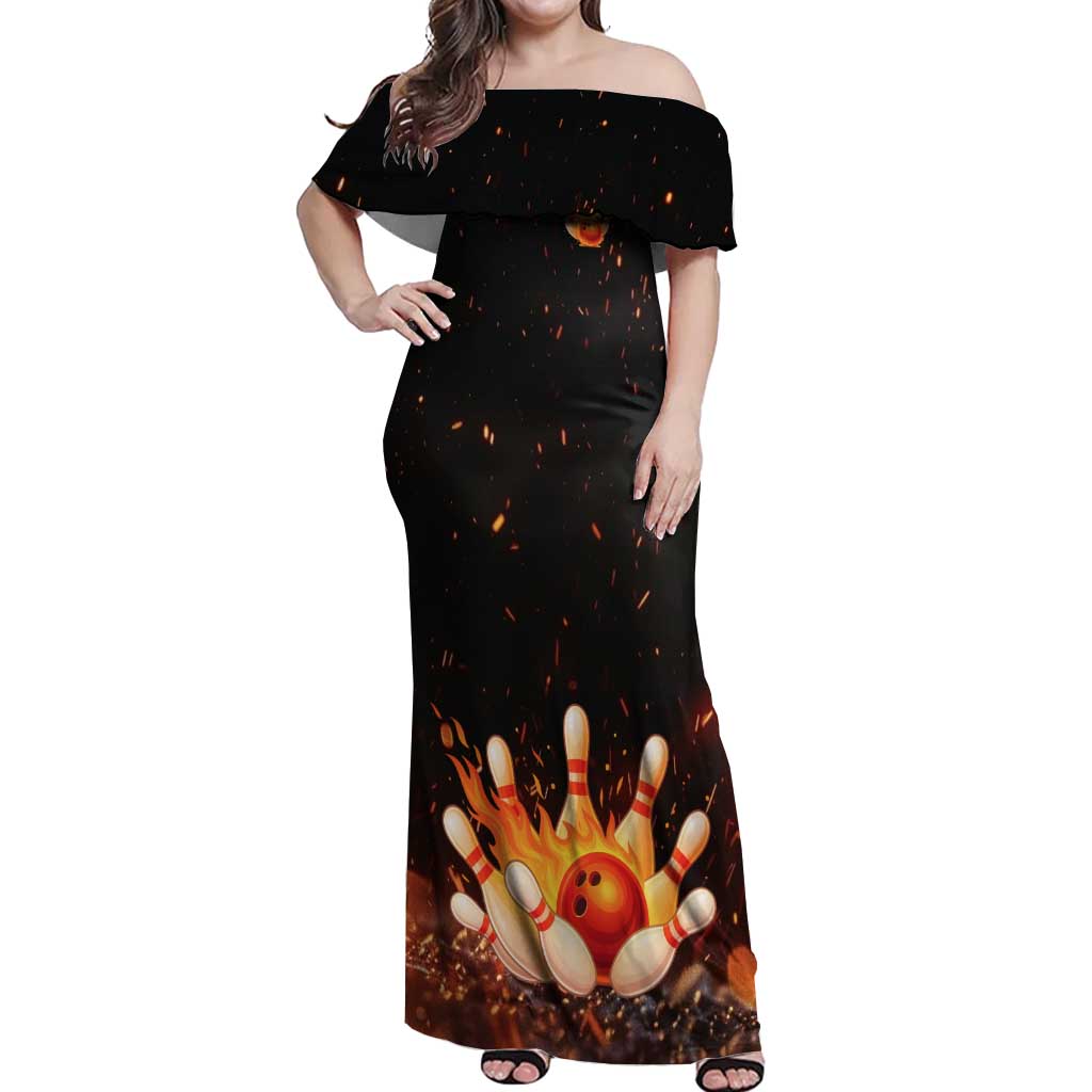 Flaming Bowling Ball Design Off Shoulder Maxi Dress with Strike Pins and Glowing Fire Sparks on Dark Background - Wonder Print Shop