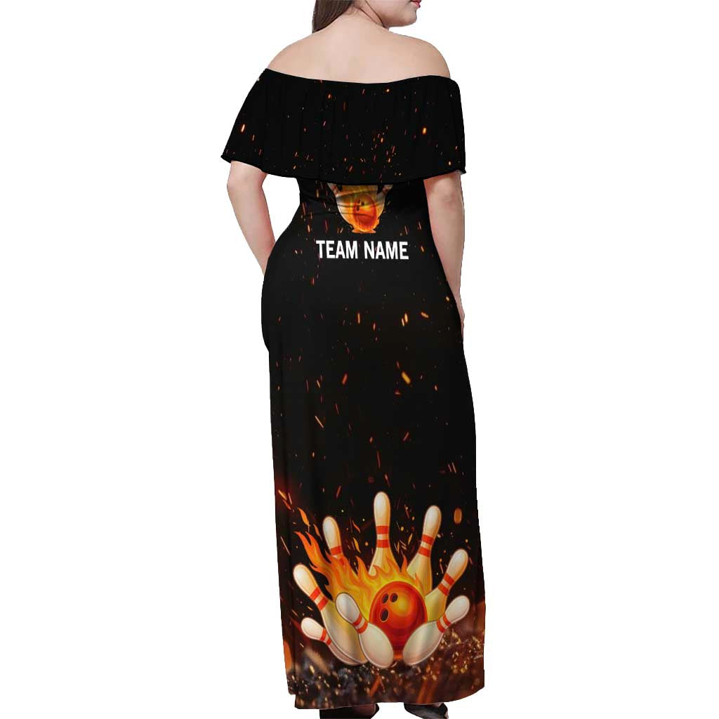 Flaming Bowling Ball Design Off Shoulder Maxi Dress with Strike Pins and Glowing Fire Sparks on Dark Background - Wonder Print Shop