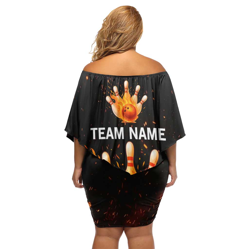 Flaming Bowling Ball Design Off Shoulder Short Dress with Strike Pins and Glowing Fire Sparks on Dark Background - Wonder Print Shop