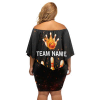Flaming Bowling Ball Design Off Shoulder Short Dress with Strike Pins and Glowing Fire Sparks on Dark Background - Wonder Print Shop