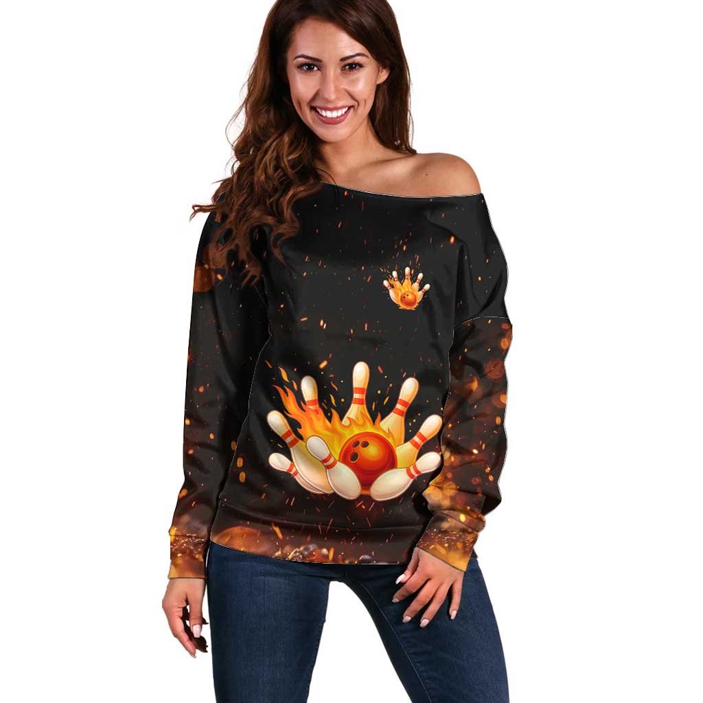 Flaming Bowling Ball Design Off Shoulder Sweater with Strike Pins and Glowing Fire Sparks on Dark Background - Wonder Print Shop