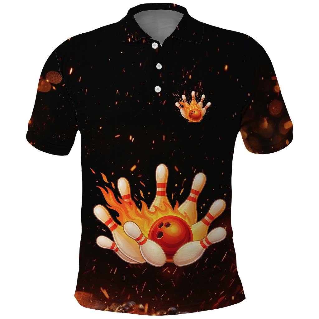 Flaming Bowling Ball Design Polo Shirt with Strike Pins and Glowing Fire Sparks on Dark Background - Wonder Print Shop
