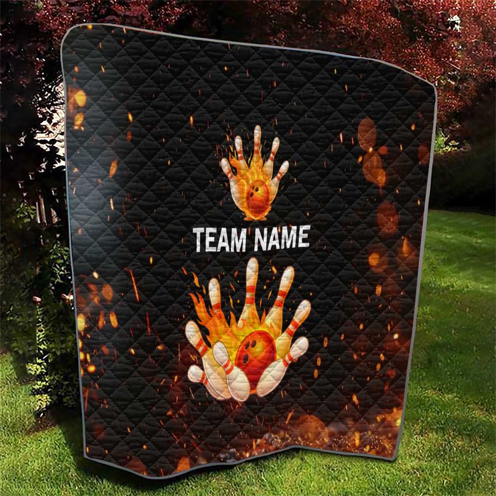Flaming Bowling Ball Design Quilt with Strike Pins and Glowing Fire Sparks on Dark Background - Wonder Print Shop