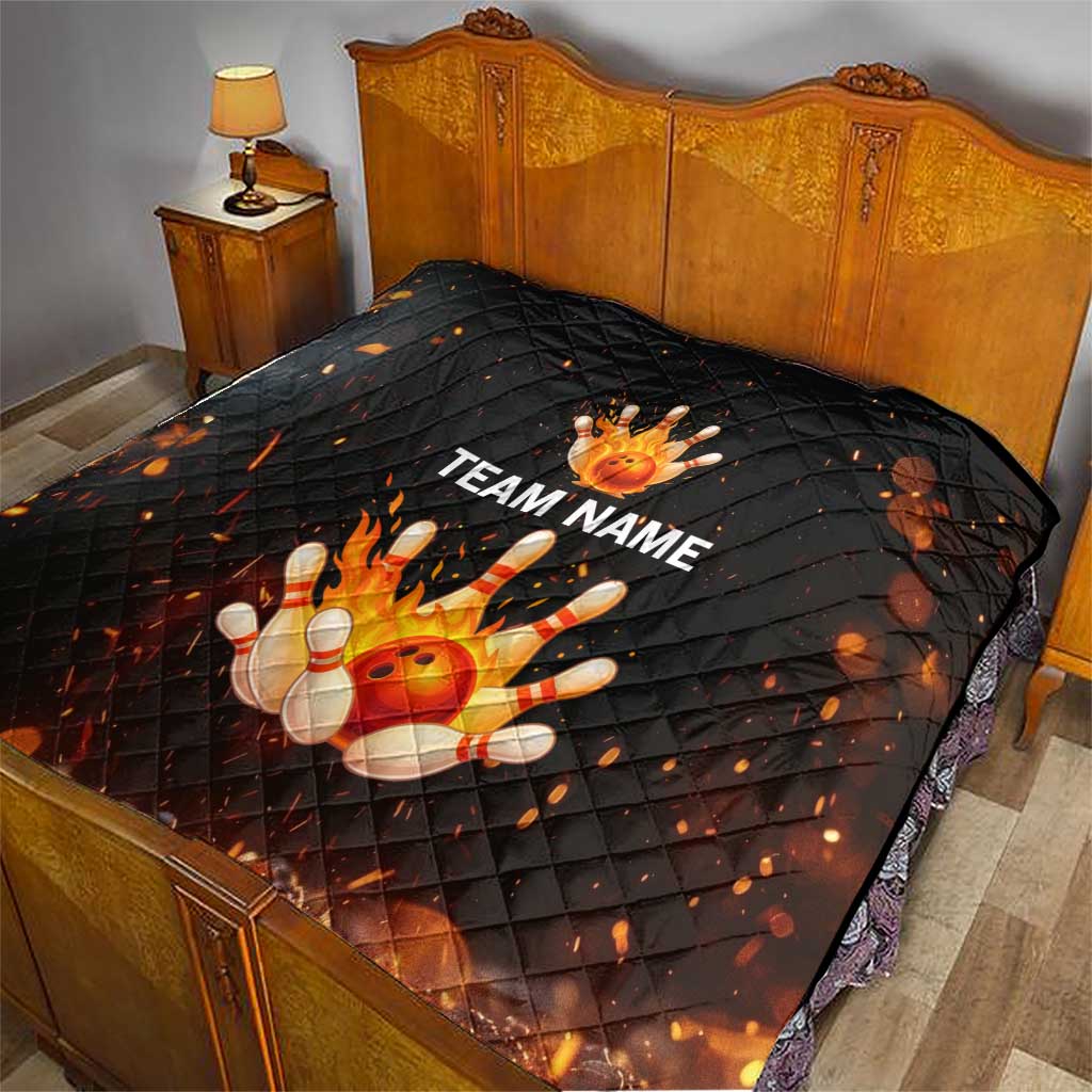 Flaming Bowling Ball Design Quilt with Strike Pins and Glowing Fire Sparks on Dark Background - Wonder Print Shop