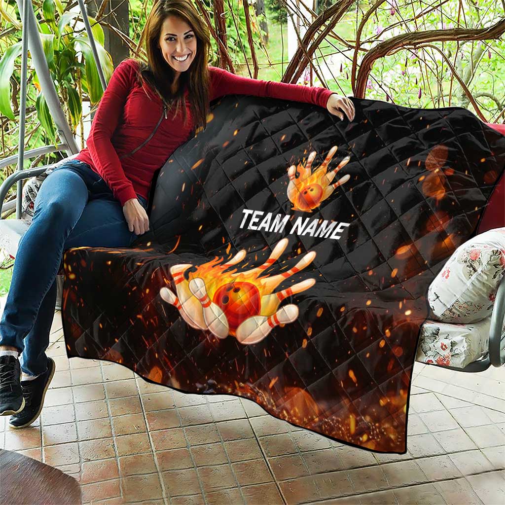 Flaming Bowling Ball Design Quilt with Strike Pins and Glowing Fire Sparks on Dark Background - Wonder Print Shop