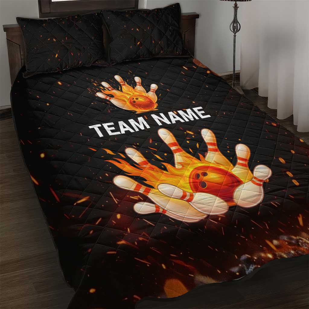 Flaming Bowling Ball Design Quilt Bed Set with Strike Pins and Glowing Fire Sparks on Dark Background - Wonder Print Shop