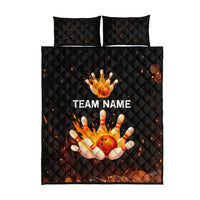 Flaming Bowling Ball Design Quilt Bed Set with Strike Pins and Glowing Fire Sparks on Dark Background - Wonder Print Shop