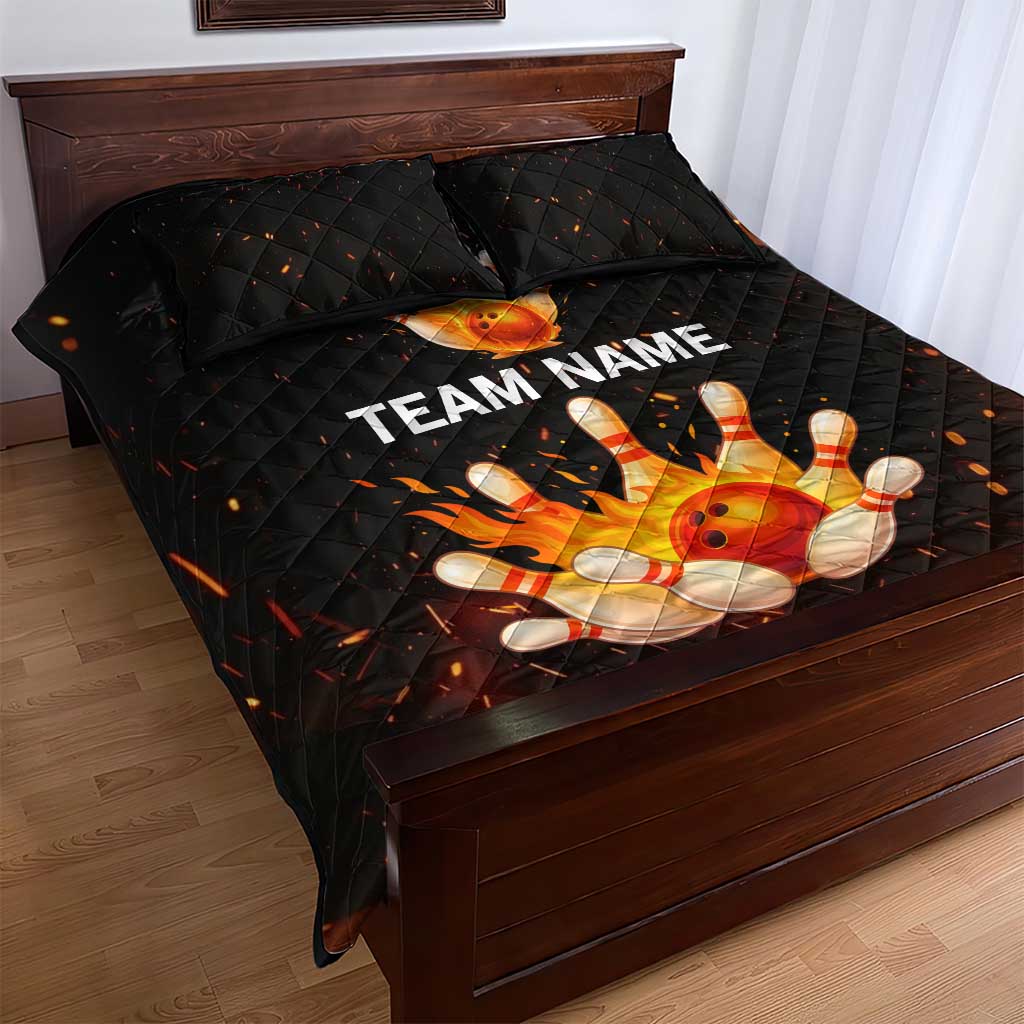 Flaming Bowling Ball Design Quilt Bed Set with Strike Pins and Glowing Fire Sparks on Dark Background - Wonder Print Shop