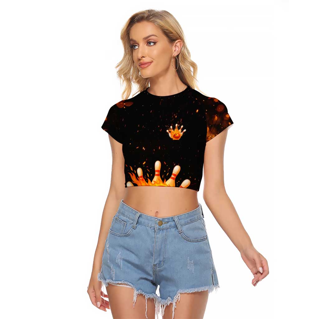 Flaming Bowling Ball Design Raglan Cropped T Shirt with Strike Pins and Glowing Fire Sparks on Dark Background - Wonder Print Shop