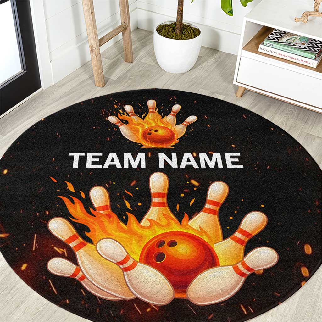 Flaming Bowling Ball Design Round Carpet with Strike Pins and Glowing Fire Sparks on Dark Background - Wonder Print Shop