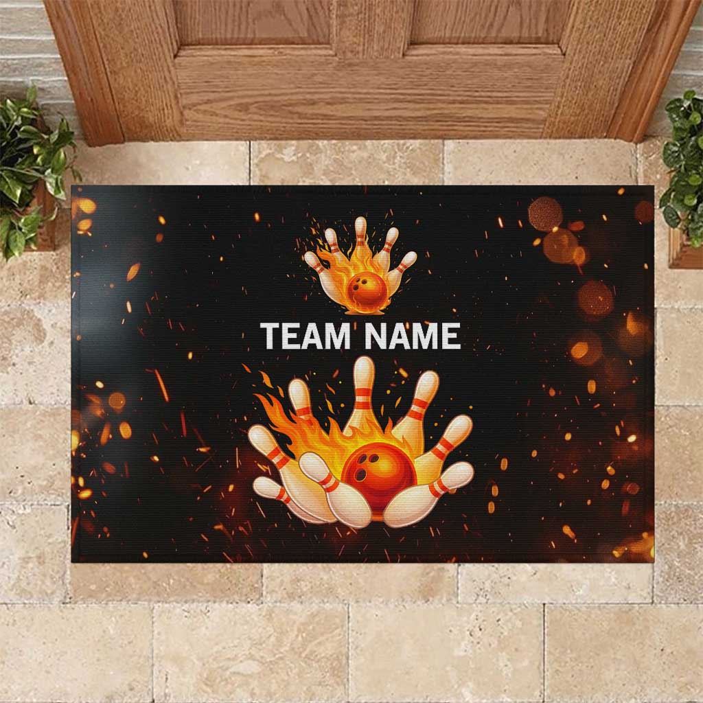 Flaming Bowling Ball Design Rubber Doormat with Strike Pins and Glowing Fire Sparks on Dark Background - Wonder Print Shop