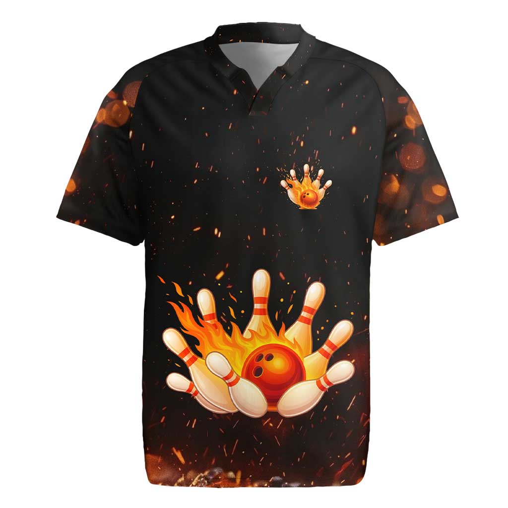 Flaming Bowling Ball Design Rugby Jersey with Strike Pins and Glowing Fire Sparks on Dark Background - Wonder Print Shop
