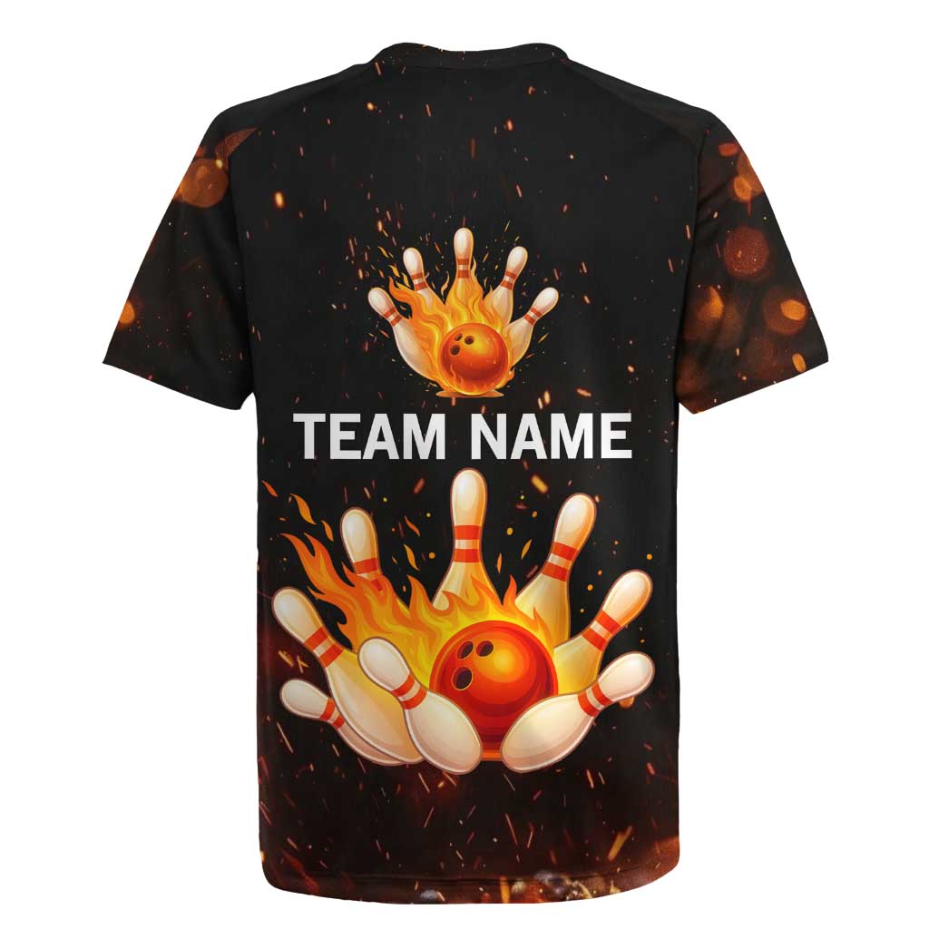 Flaming Bowling Ball Design Rugby Jersey with Strike Pins and Glowing Fire Sparks on Dark Background - Wonder Print Shop