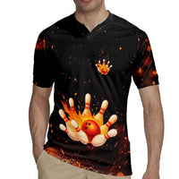 Flaming Bowling Ball Design Rugby Jersey with Strike Pins and Glowing Fire Sparks on Dark Background - Wonder Print Shop