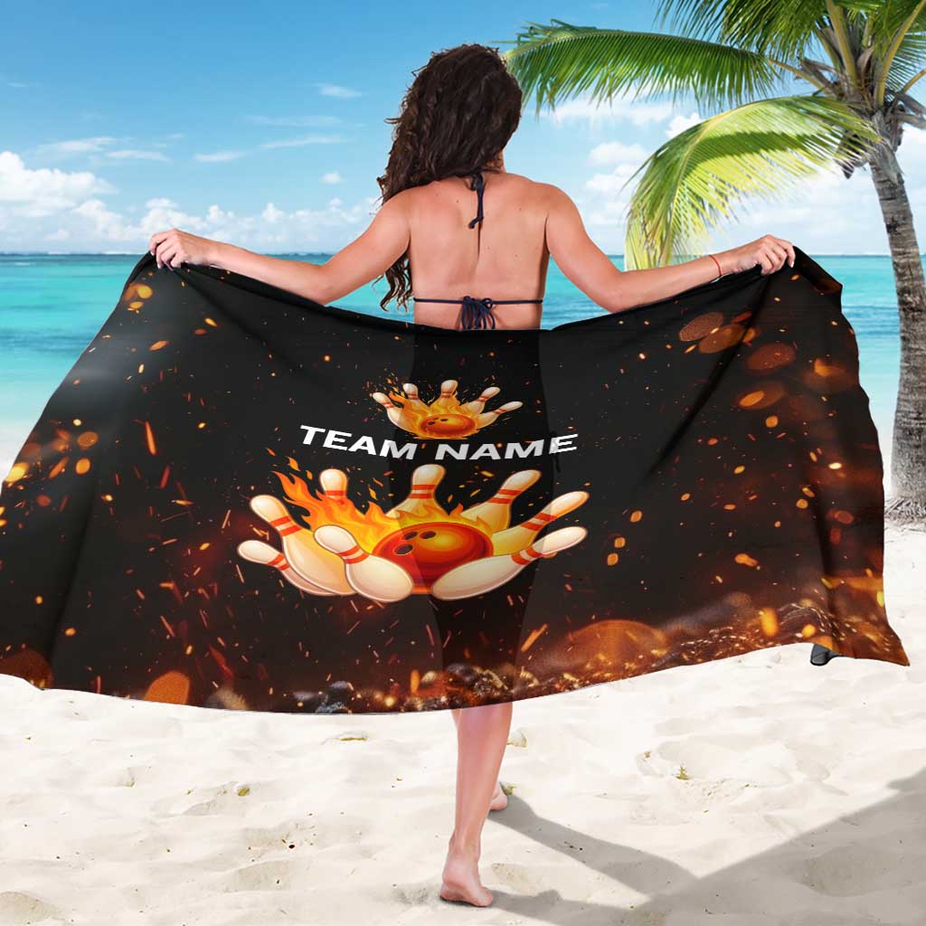 Flaming Bowling Ball Design Sarong with Strike Pins and Glowing Fire Sparks on Dark Background - Wonder Print Shop