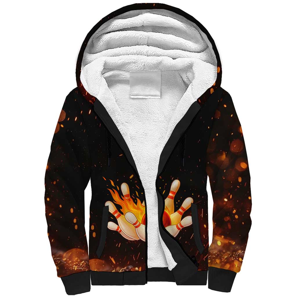 Flaming Bowling Ball Design Sherpa Hoodie with Strike Pins and Glowing Fire Sparks on Dark Background - Wonder Print Shop