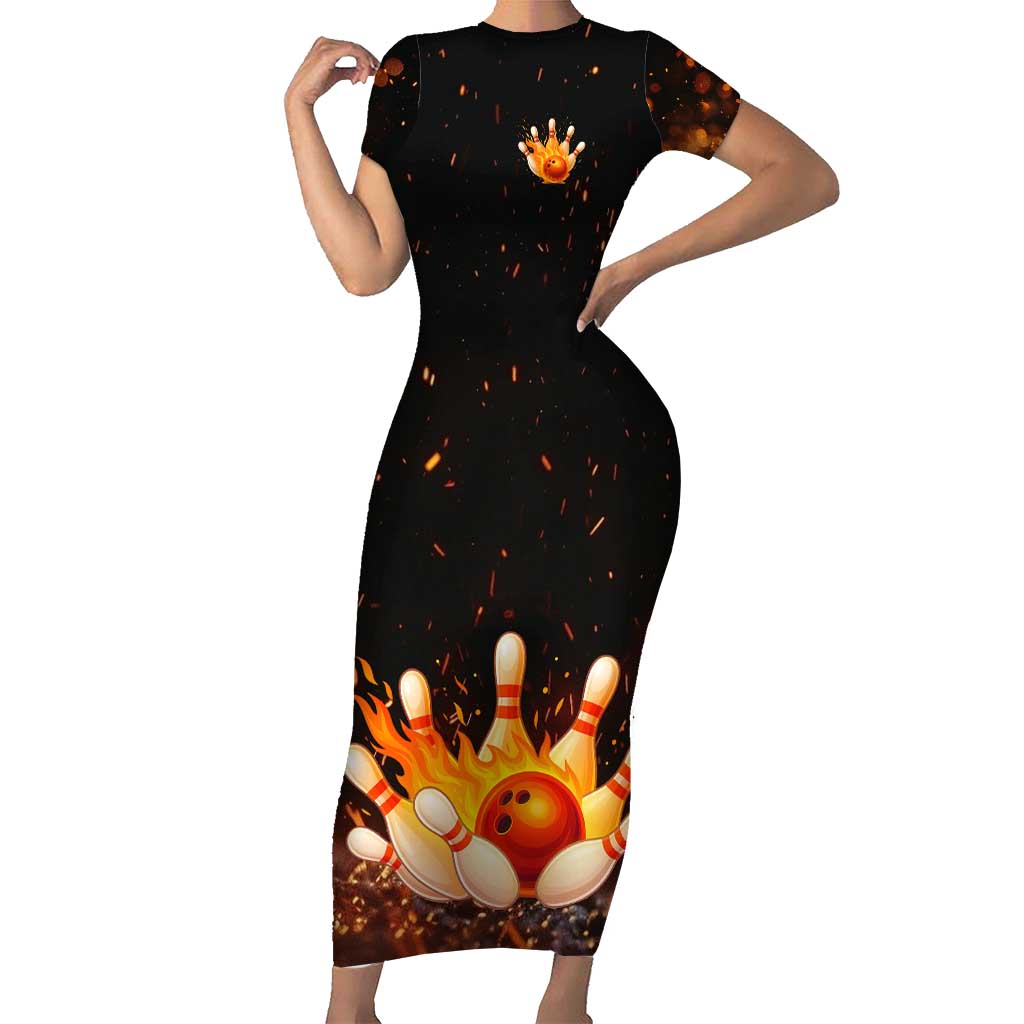 Flaming Bowling Ball Design Short Sleeve Bodycon Dress with Strike Pins and Glowing Fire Sparks on Dark Background - Wonder Print Shop