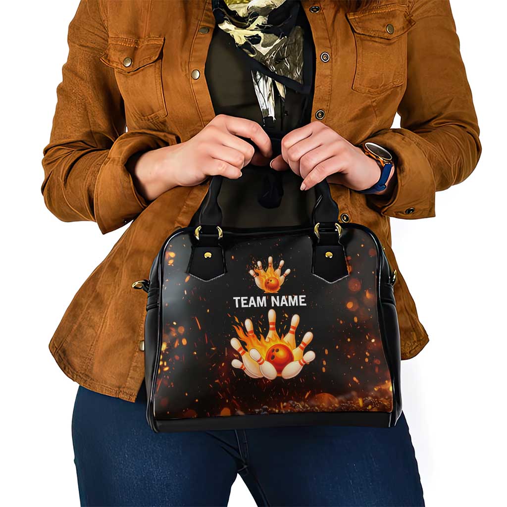 Flaming Bowling Ball Design Shoulder Handbag with Strike Pins and Glowing Fire Sparks on Dark Background - Wonder Print Shop