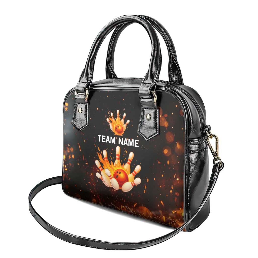Flaming Bowling Ball Design Shoulder Handbag with Strike Pins and Glowing Fire Sparks on Dark Background - Wonder Print Shop