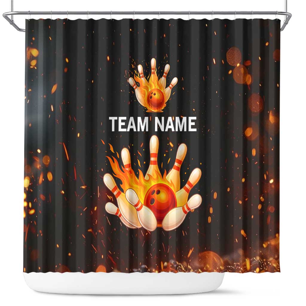 Flaming Bowling Ball Design Shower Curtain with Strike Pins and Glowing Fire Sparks on Dark Background - Wonder Print Shop