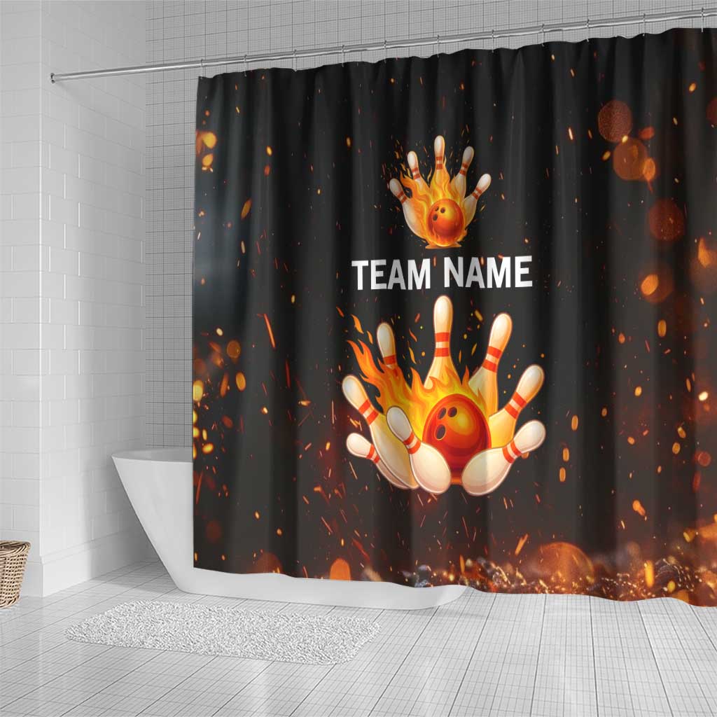 Flaming Bowling Ball Design Shower Curtain with Strike Pins and Glowing Fire Sparks on Dark Background - Wonder Print Shop