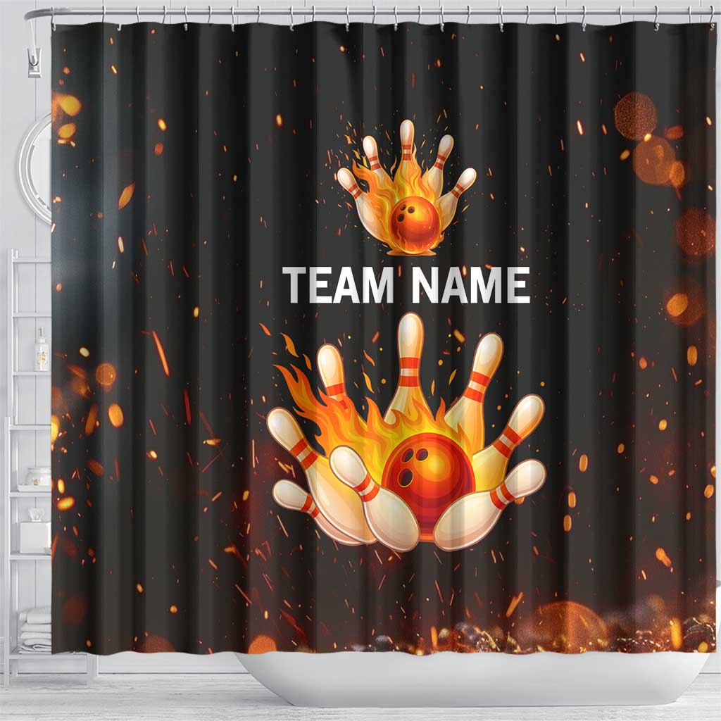Flaming Bowling Ball Design Shower Curtain with Strike Pins and Glowing Fire Sparks on Dark Background - Wonder Print Shop